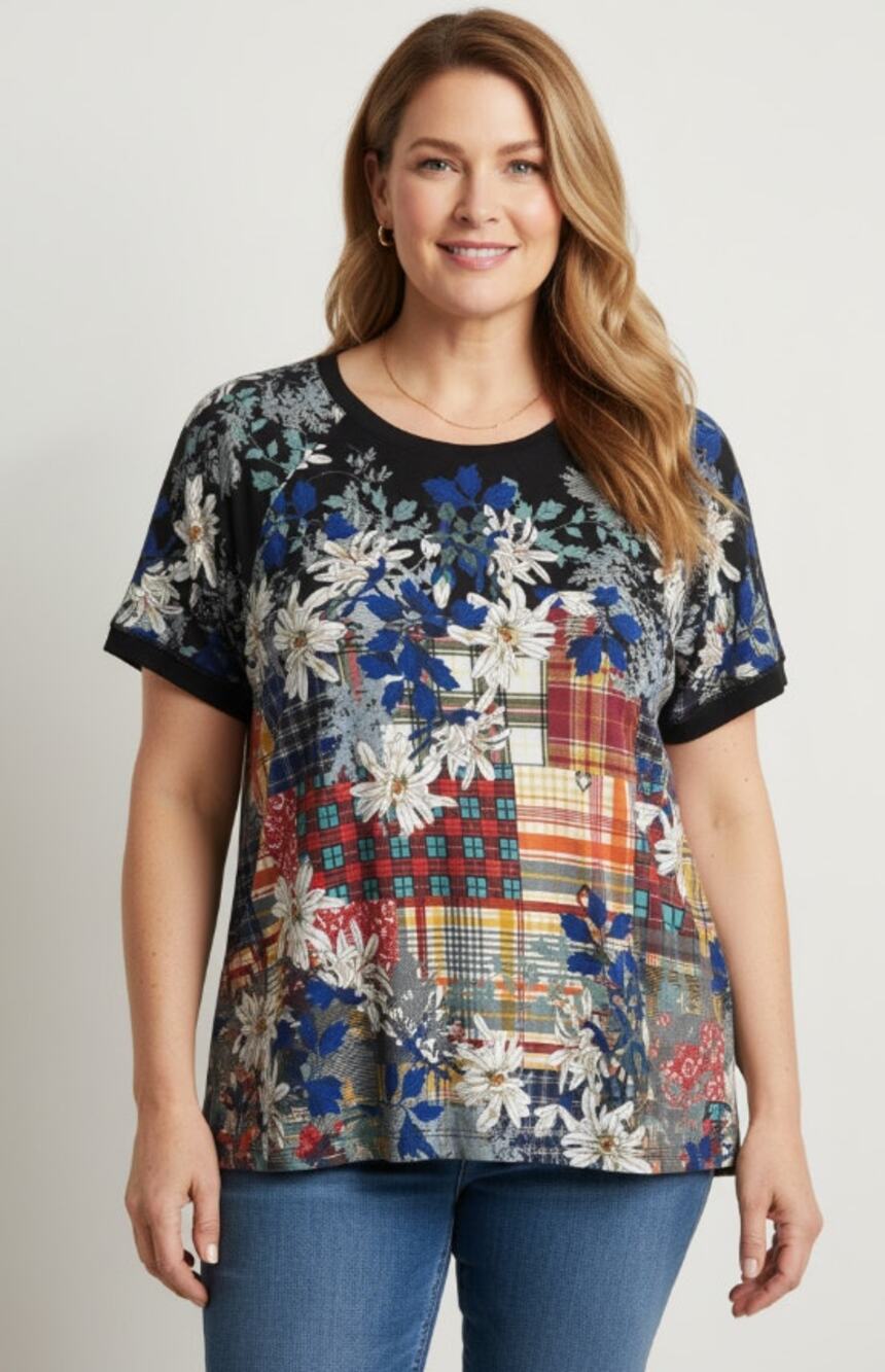 JOHNNY WAS ONA RAGLAN FLORAL PLAID PATCHWORK BAMBOO TOP WOMENS PLUS MEASURES 1X